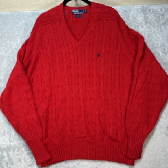 Polo Ralph Lauren Sweater Men XL Red Cotton‎ Cable Knit V Neck Pullover Classic - Picture 1 of 11